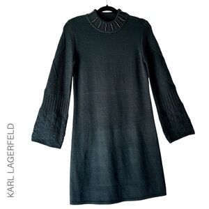 KARL LAGERFELD NWOT MOCK NECK SWEATER DRESS LONG BELL SLEEVE DARK GREEN | SMALL